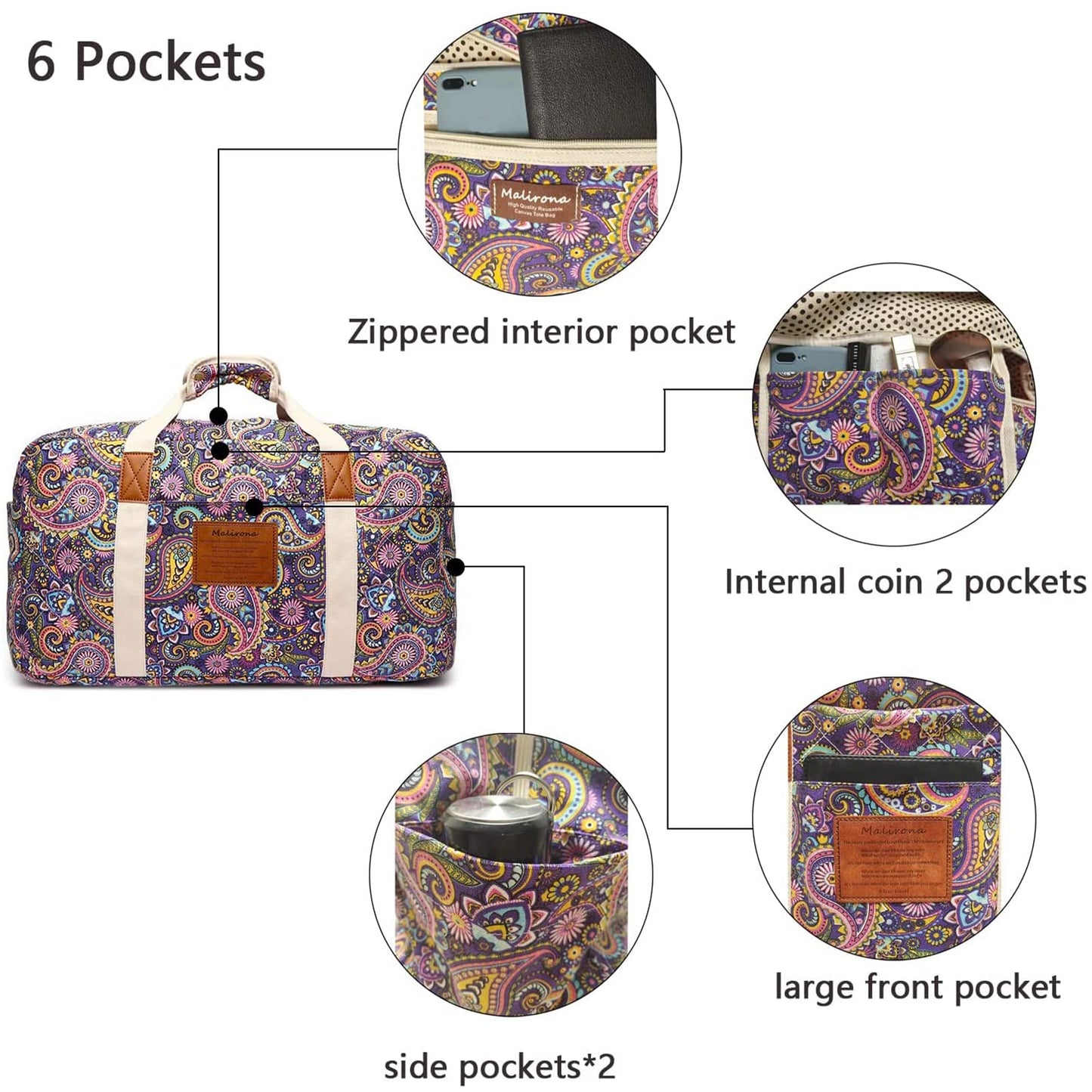 Malirona 22"Canvas Weekender Overnight Bags Travel Duffel Bag Carry On Bag for Women and Girls (Purple Flower)