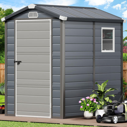 YITAHOME 4.4x6FT Resin Storage Unit sans Flooring, All-Weather Plastic Shed with Window, Vents and Secured Doors, Outdoor Plastic Tool Cabin for Poolside, Lawn, Backyard, Patio, Dark Gray