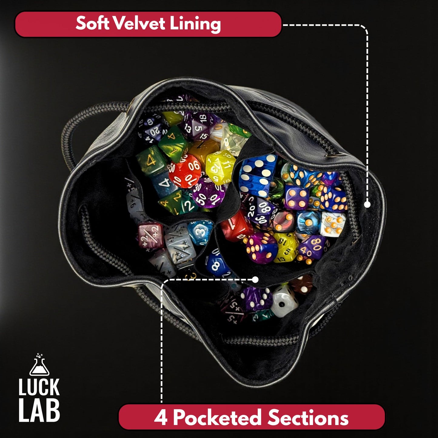Luck Lab Dice Bag for DnD – Large Velvet-Lined PU Leather Dice Pouch w/ 4 Pockets, Embossed Design & Antique Gold Accents – Durable Dice Organizer for Tabletop RPGs & Game Accessories (Black)