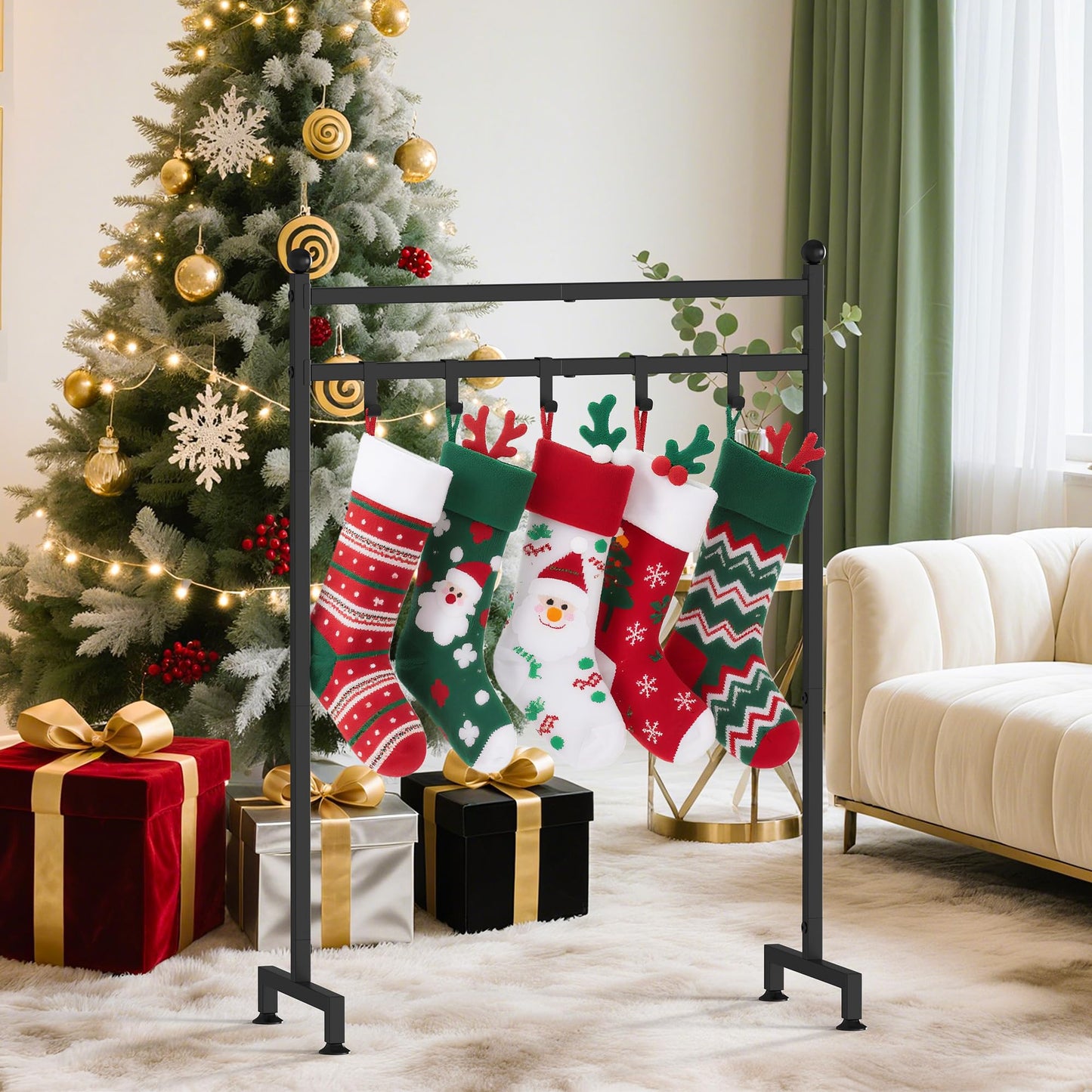 GloTika Christmas Stocking Holder Stand with 6 Hook, Heavy Duty Freestanding Christmas Stocking Hanger, Metal Holiday Decor Hanger Display for Home, Floor, Living Room