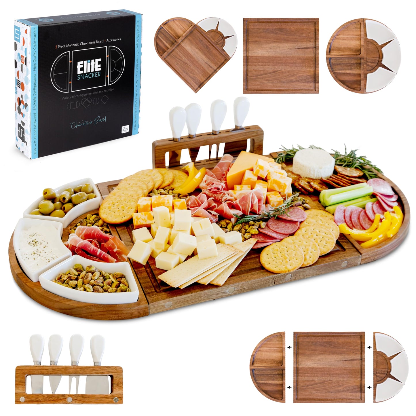 Large Wooden Charcuterie Board Set (Premium Finish) - 3-Piece Magnetic Long Serving Board Tray with Charcuterie Accessories - Acacia Wood Cheese Platter with Cheese Knife Set & Dishes - Brown