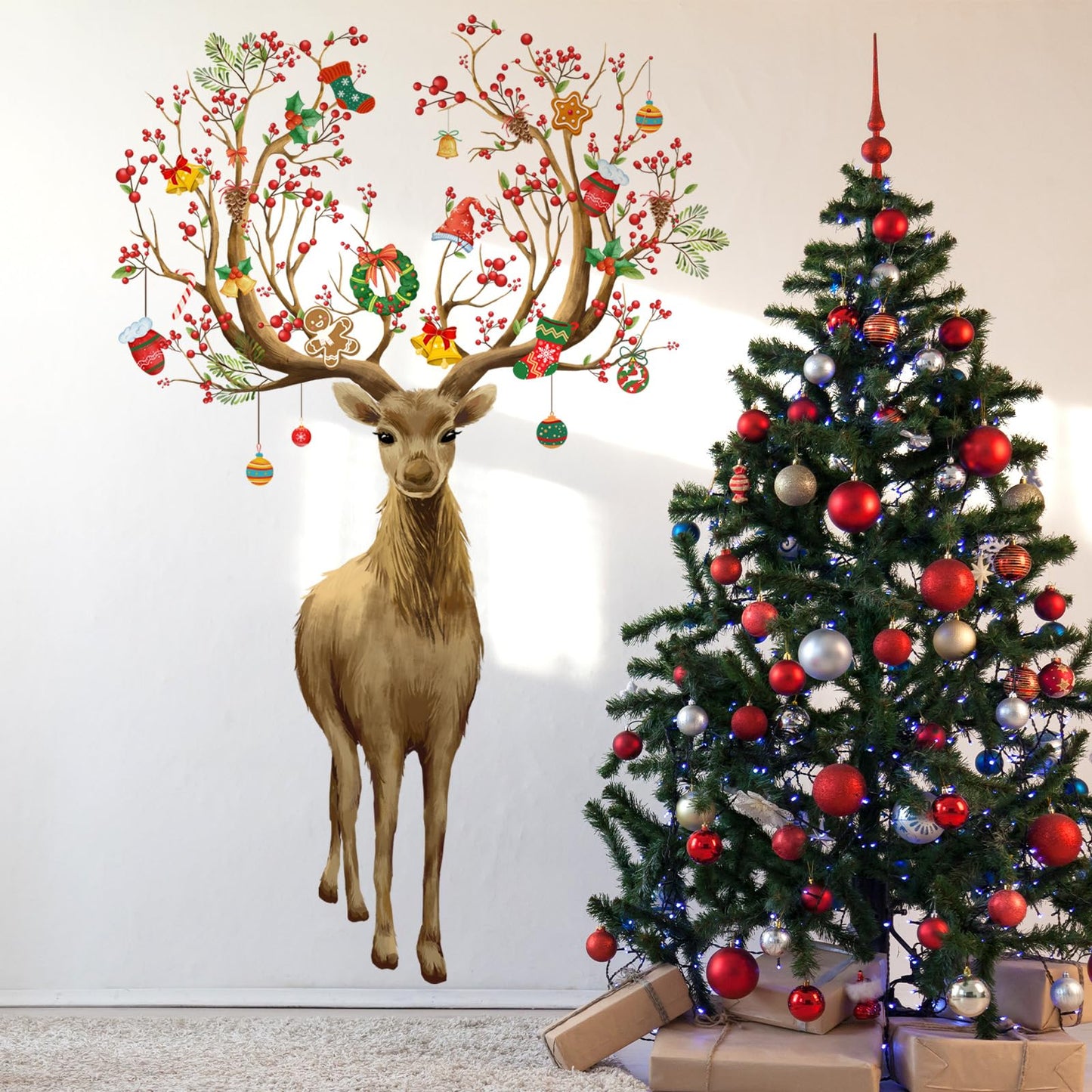 Christmas Wall Stickers Decoration Set Plaid Xmas Tree Wall Murals Floor Décor Living Room Children Nursery School Restaurant Cafe Hotel Home Office Décor Christmas 3