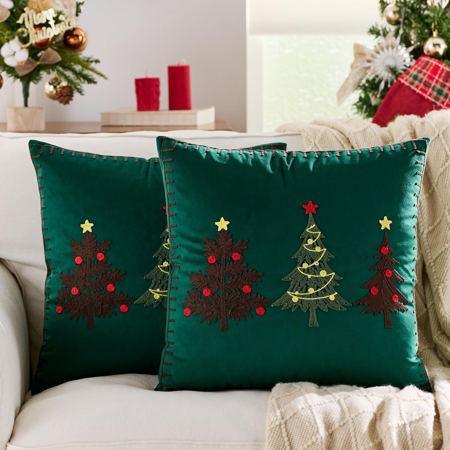 KINDREX Christmas Tree Throw Pillow Covers 18x18 Set of 2 Winter Holiday Decorative Emerald Green Embroidered Luxurious Soft Velvet Accent Pillowcase for Sofa Couch Bed Living Room Home Decor