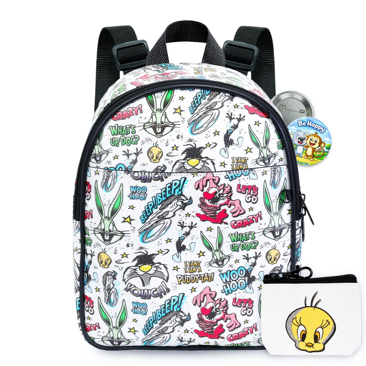 WARNER BROS PICTURES Looney Tunes Mini Backpack for Women - 10” Faux Leather Looney Tunes Backpack with Front Pocket Plus Button, Coin Pouch | Looney Tunes Backpack Purse Bundle