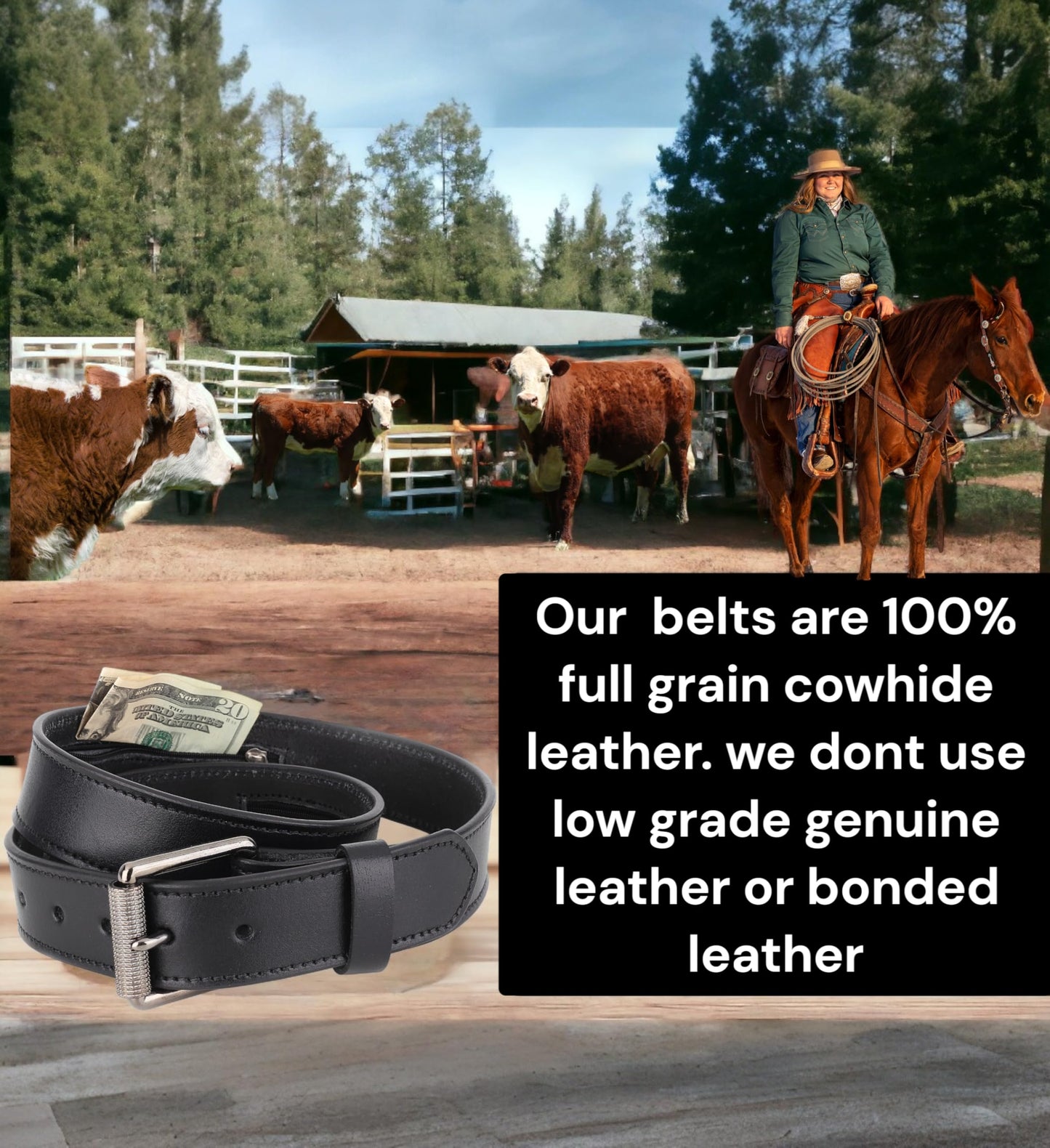 Men’s Money Full Grain leather Belt, Hidden zipper Pocket, USA,classic black,MB10,size 40