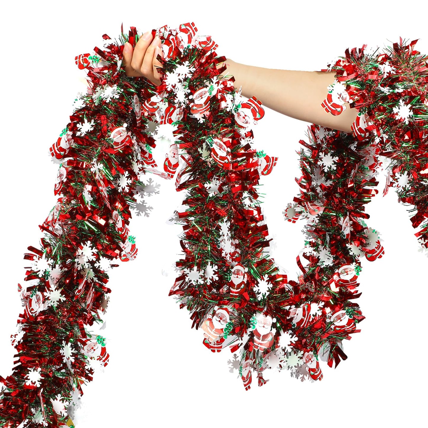 50 Feet Red Green Christmas Metallic Tinsel Twist Hanging Garland with Snowflake Santa Claus for Home Mantle Xmas Tree Staircase Railing New Year Holiday Party Indoor Outdoor Decorations