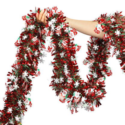 50 Feet Red Green Christmas Metallic Tinsel Twist Hanging Garland with Snowflake Santa Claus for Home Mantle Xmas Tree Staircase Railing New Year Holiday Party Indoor Outdoor Decorations