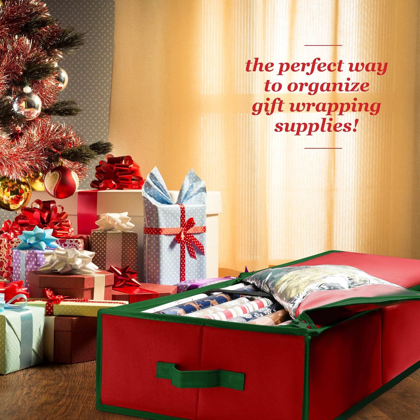 Premium Wrapping Paper Organizer Storage | Gift Wrap Holder With Extra Pockets for Christmas Decorations, Reinforced Handles, Heavy Duty, Ultra-Durable, Tear-Proof Fabric - Fits Up to 27 Rolls (Red)
