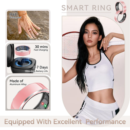 PJIVE Smart Ring for Women,Fitness & Activity Tracker with Blood Pressure/Heart Rate Monitor, Sleep Tracker, Step Counter, IP68 Waterproof Ring for iOS&Android,Fast Charge,No Subscription (Pink,Size8