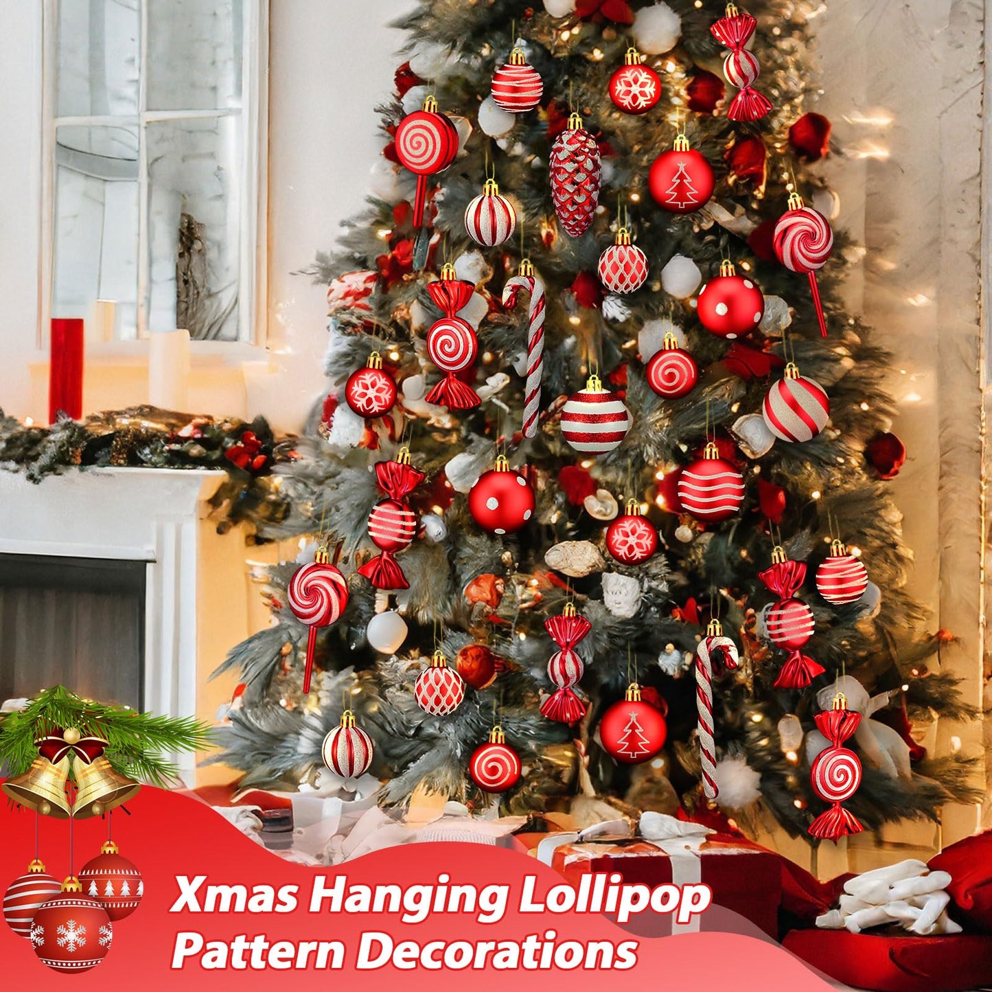 Knitgrip 50 Pcs Christmas Candy Cane Lollipop Ornaments Christmas Peppermint Candy Tree Balls Decorations with Rope Plastic Xmas Hanging Ornaments for Party Decor(Red, White)