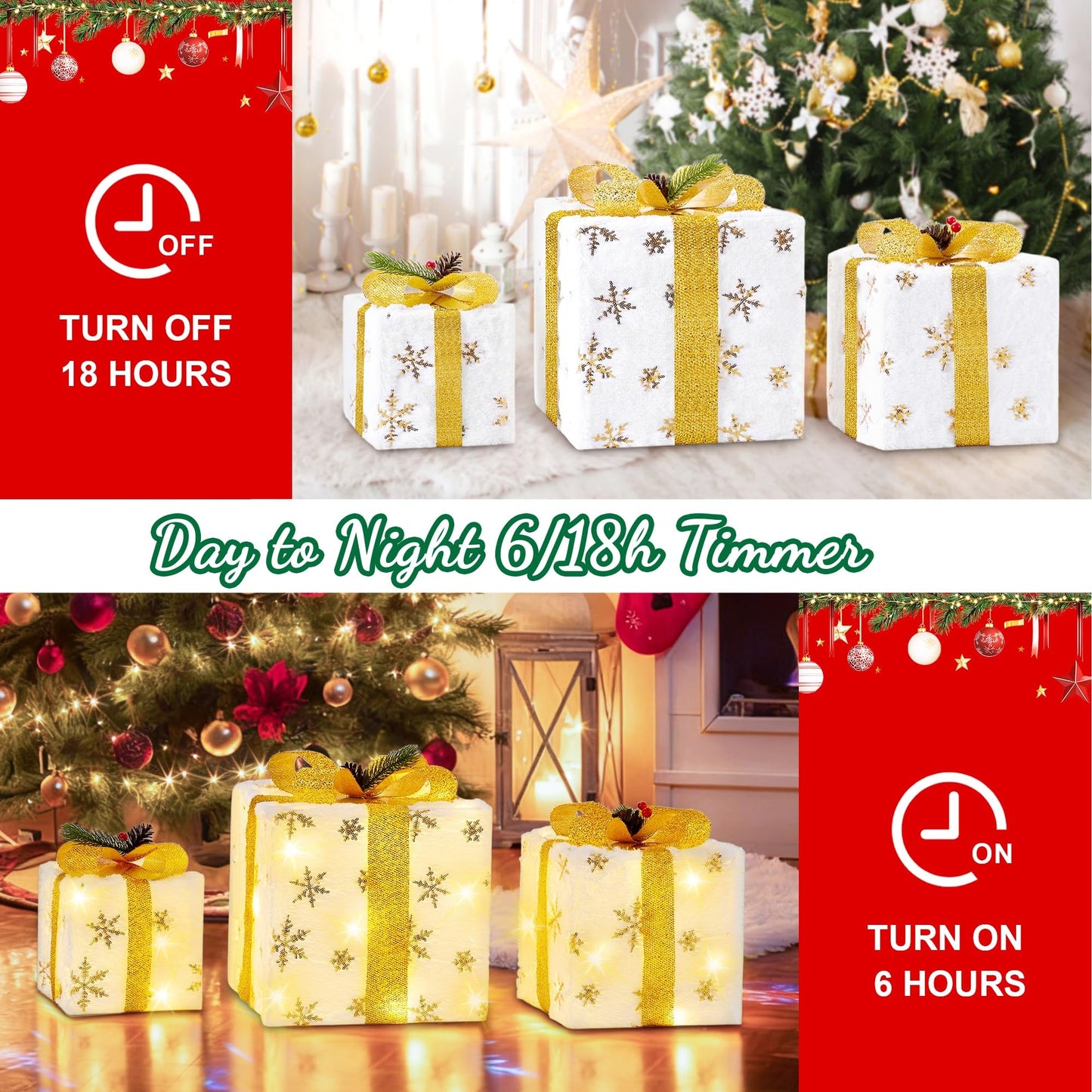 Set of 3 Christmas Lighted Gift Boxes, Plush Pre-lit 70 LED Light Up Present Boxes with Gold Snowflake, Battery Operated Christmas Decorations for Indoor Home, Housen Solutions