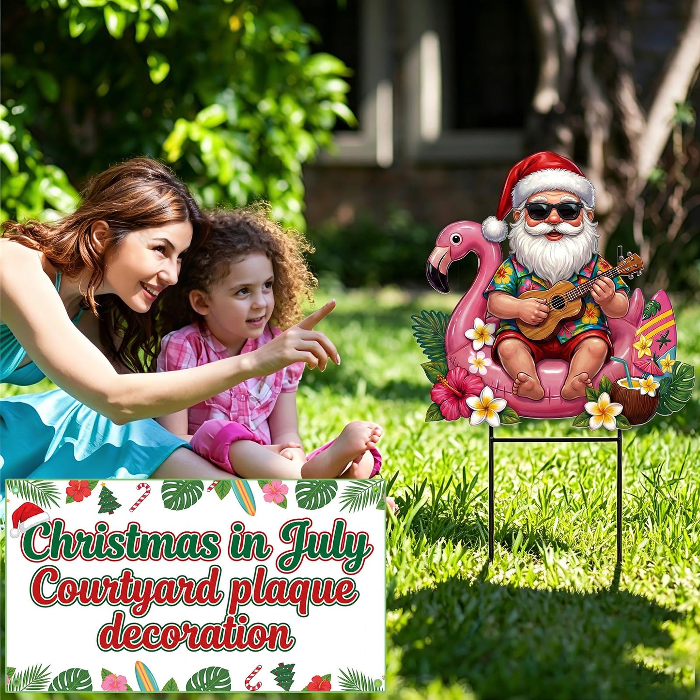 Amyhill July Christmas Outdoor Decor Summer Christmas Metal Yard Sign with Stake Tropical Flamingo Santa Claus Decorative Lawn Sign for Indoor Outside Garden Pathway Walkway Holiday Hawaii Party Decor
