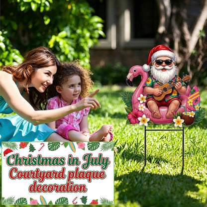 Amyhill July Christmas Outdoor Decor Summer Christmas Metal Yard Sign with Stake Tropical Flamingo Santa Claus Decorative Lawn Sign for Indoor Outside Garden Pathway Walkway Holiday Hawaii Party Decor