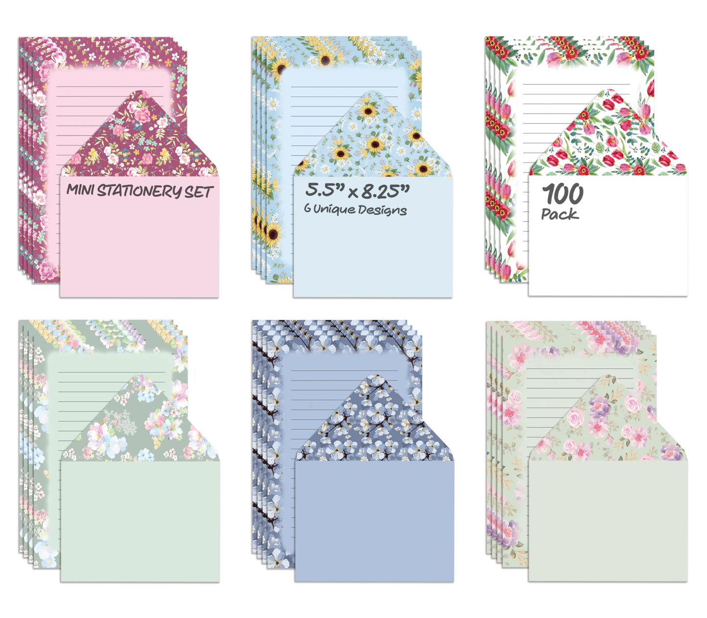 Better Office Products Mini Stationery Set, 100 Piece Set (50 Lined Floral Sheets + 50 Matching Envelopes), 5.5 x 8.25 inch, 6 Unique Designs, Double Sided Printing, Double Side Lined Paper,