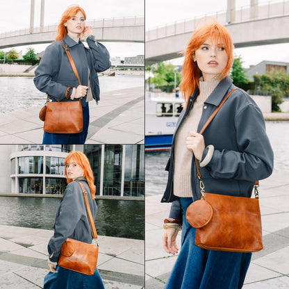 BERLINER BAGS Vintage Genuine Leather Shoulder Bag Marbella S, Small Crossbody Purse for Women - Brown