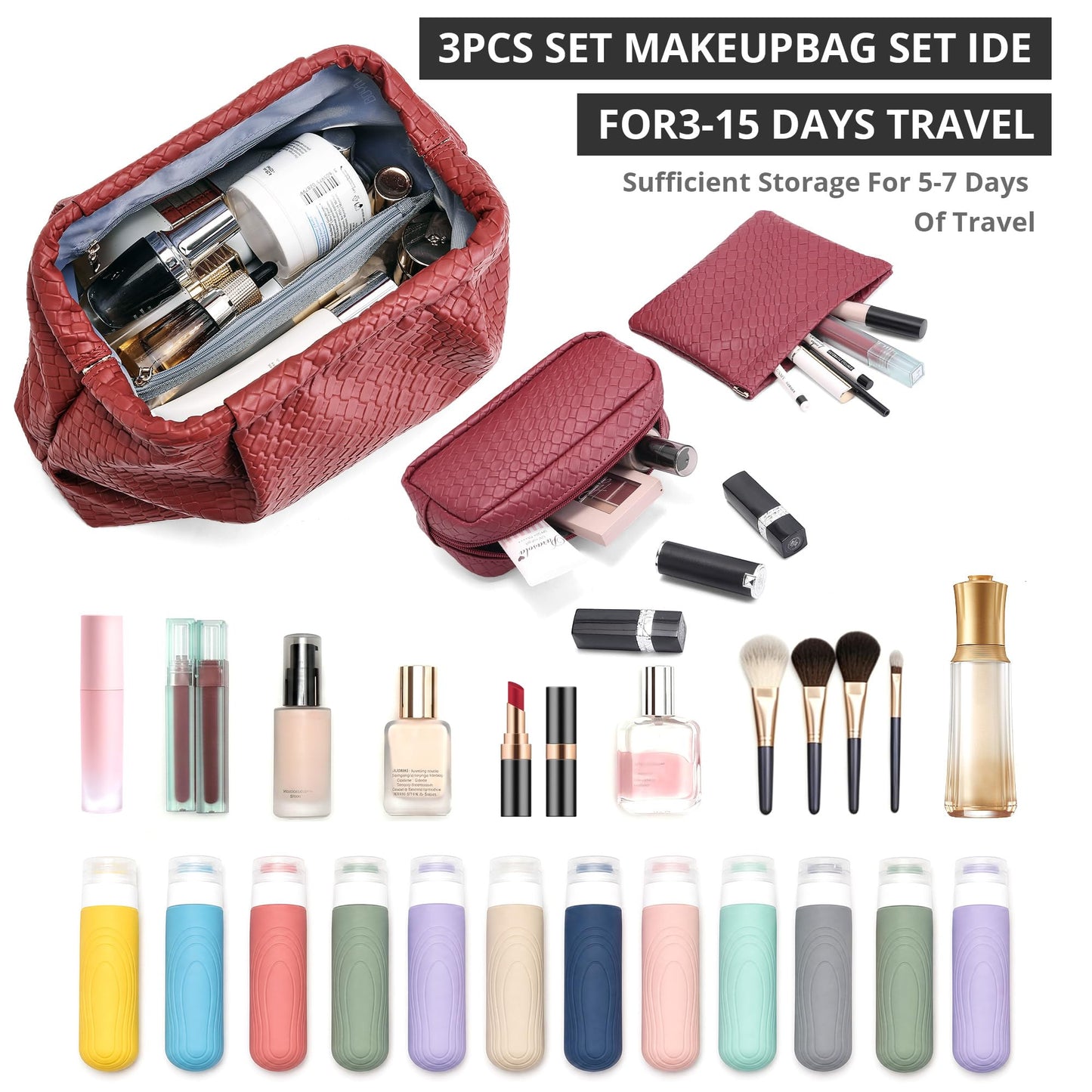 BOYATU Travel Makeup Bags for Women: Elegant Evening Woven Vegan Leather Make up Bag Clutch – 3 Pcs Set Large Capacity Compact Cosmetic Organizer for Purse,Bride Bridesmaid Gift (Red)