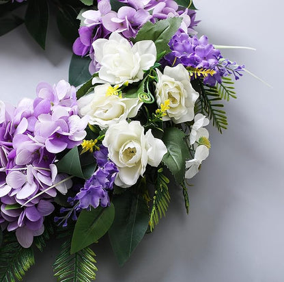 Summer Wreaths for Front Door Green Plant Purple Hydrangea Weaths 18 inch on Grapevine Base, Perfect for Spring Wreaths Outdoor,Indoor and Farmhouse Decoration