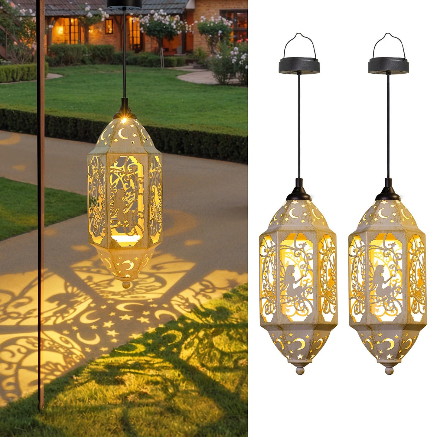 Big Outdoor Solar Lanterns Waterproof Garden Gifts for Women Mom Fairy Moon 12.4‘’ Metal Garden Lanterns Hanging Light for Patio Backyard Decorations, Mothers Day Birthday Gifts (Gold White,2Pack)