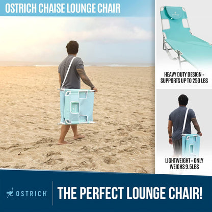 Ostrich 72 by 22 Inch Versatile Chaise Lounge Portable Reclining Lounger, Outdoor Patio, Beach, Lawn, Camping, or Pool Tanning Chair, Aqua