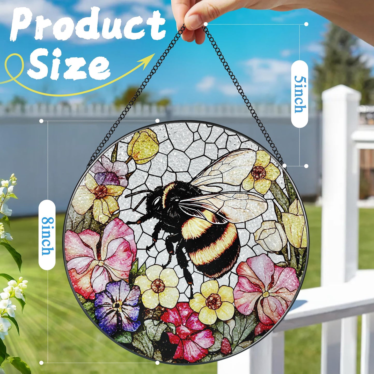 Stained Glass Window Hanging, 8 Inch Bee Stained Glass Ornament, Suncatchers for Windows Hanging, Window Decor, Gift for Garden Lover, Teacher Gift, Holiday, Birthday Gifts for Women Mom and Grandma