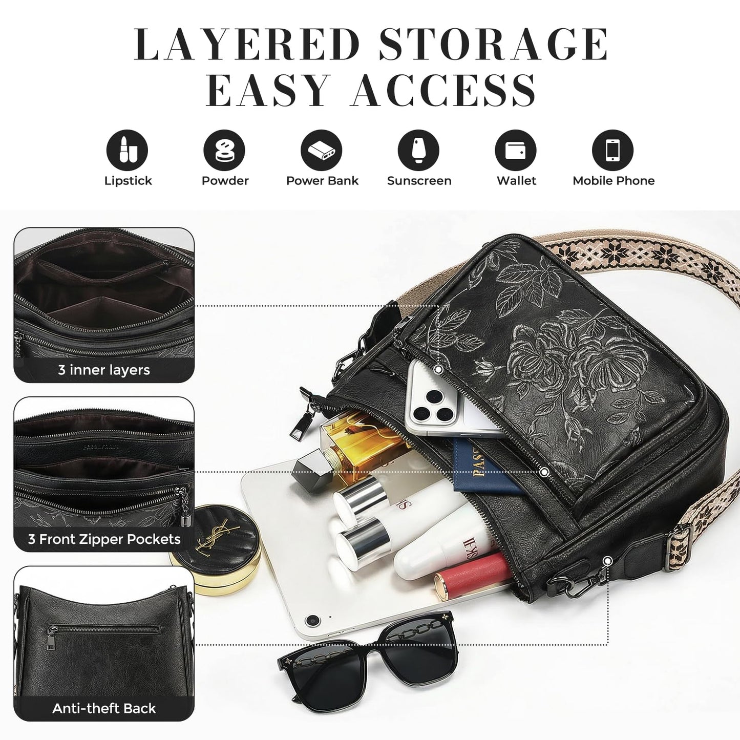 Crossbody Bags for Women, Purple Vegan Leather Medium Crossbody Purse, Spacious Daily Travel Shoulder Bag with Boho Strap