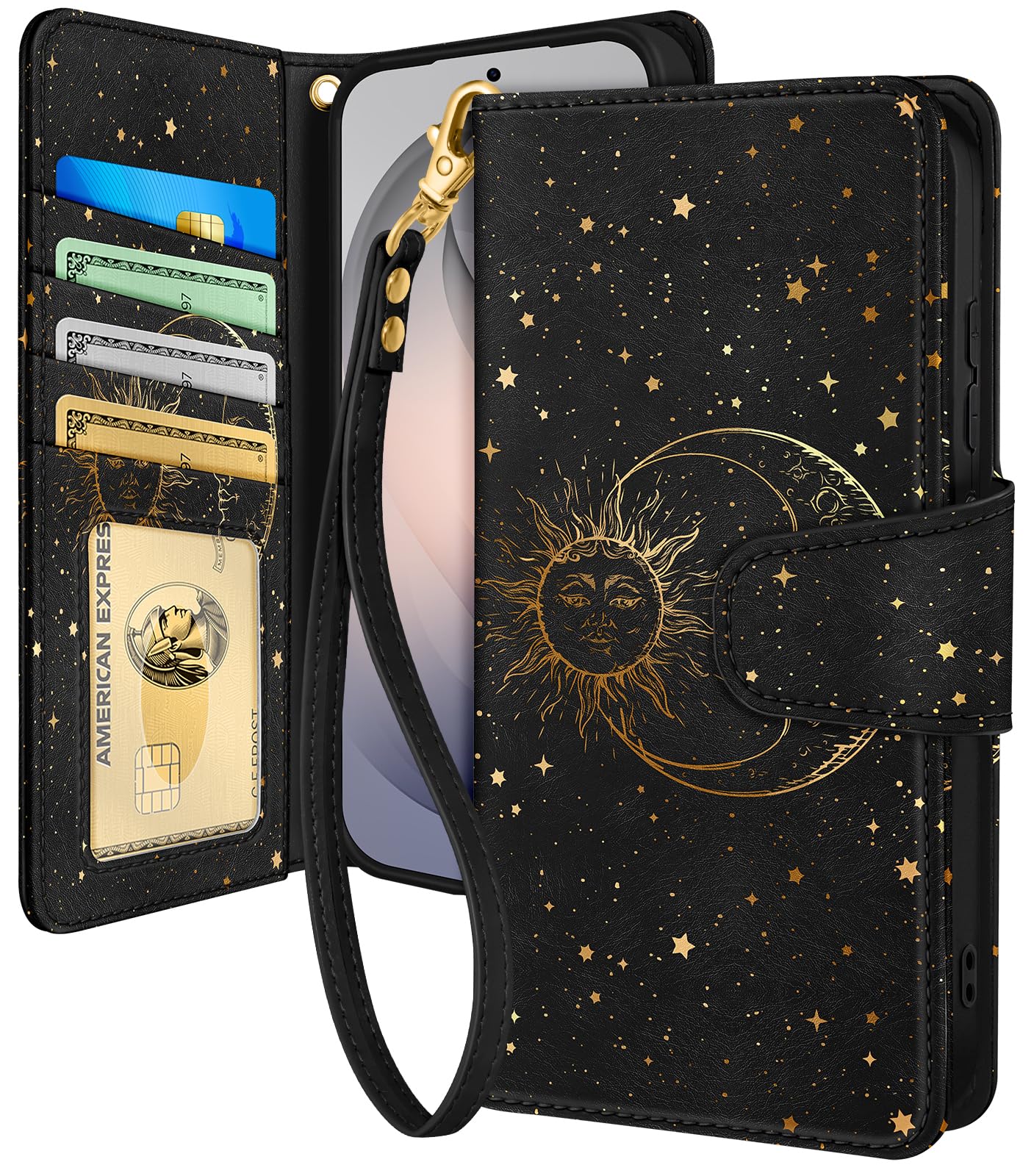 Toycamp for Samsung Galaxy S26 Ultra Wallet Case with Wrist Strap - Leather Flip Folio Phone Case with RFID Blocking 4 Card Slots Galaxy S26 Ultra Funda Cute Aesthetic for Women Lady, Black Sun Moon
