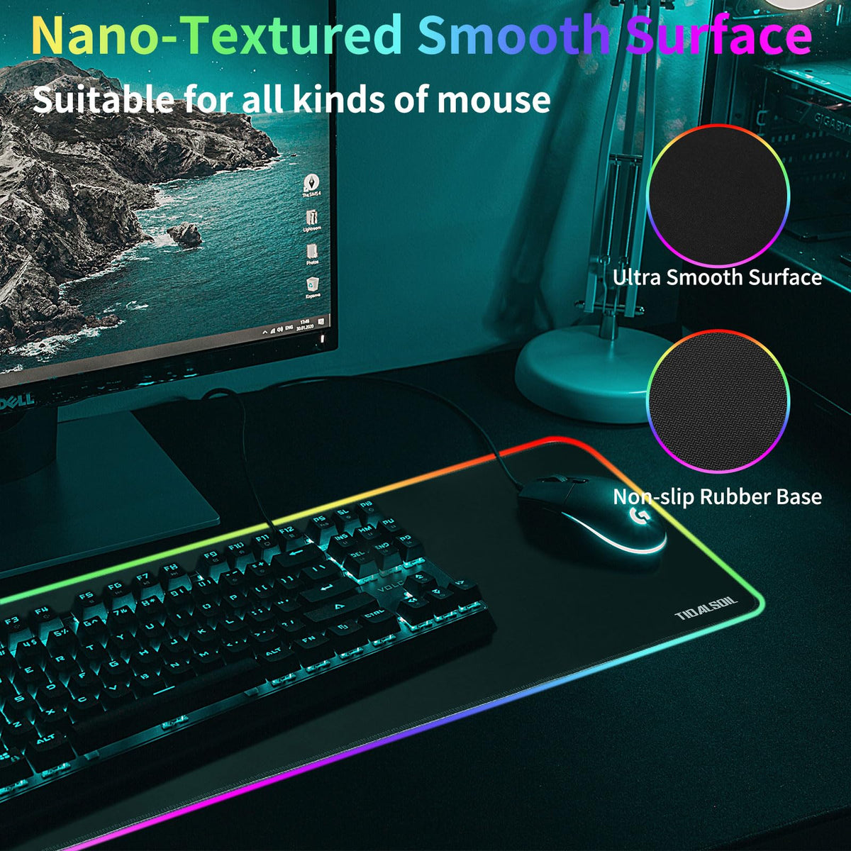 RGB Gaming Mouse Pad, 31.5 x 11.8 Inch Oversized Mouse Mat with 12 Light Modes, Non-Slip Rubber Base, Large Keyboard Pad for PC Gaming, Office, Black