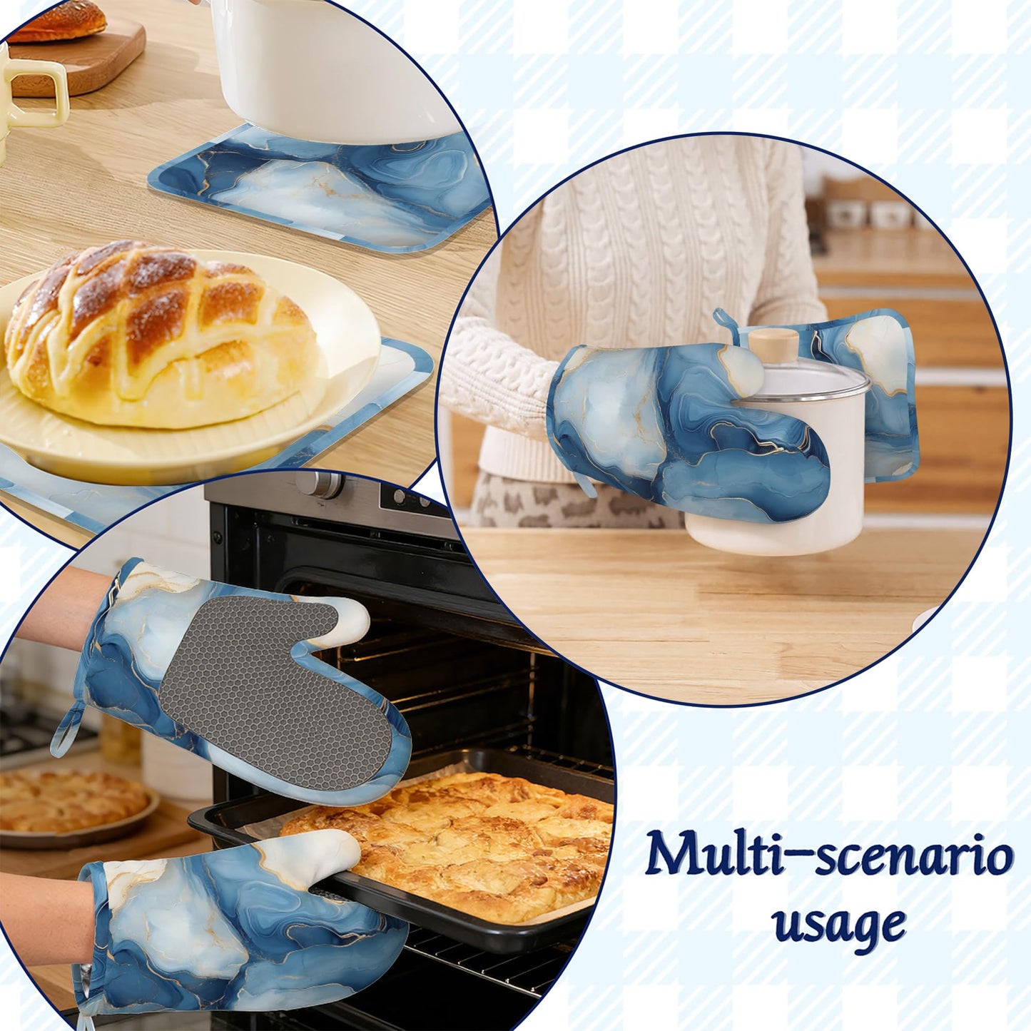 Oven Mitts and Pot Holders Sets Blue Gold Marble Silicone Kitchen Mits Potholders Abstract Heat Resistant 4Pcs Oven Gloves Hot Pads for Baking Cooking BBQ Grilling Home Decor