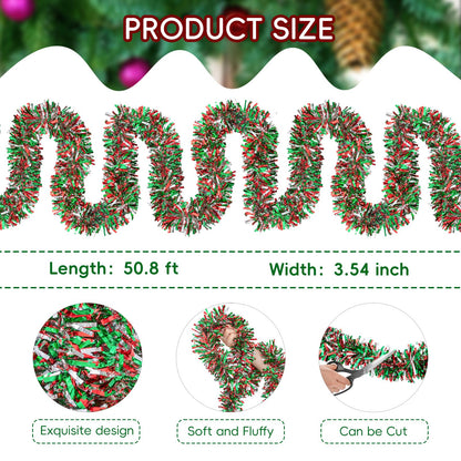 50.8 FT Christmas Tinsel Garland, Red Green Silver Metallic Twist Foil Tinsel Garland Glitter Xmas Hanging Decoration for Christmas Tree Wedding Birthday Home Party Decoration (Red Green Silver)