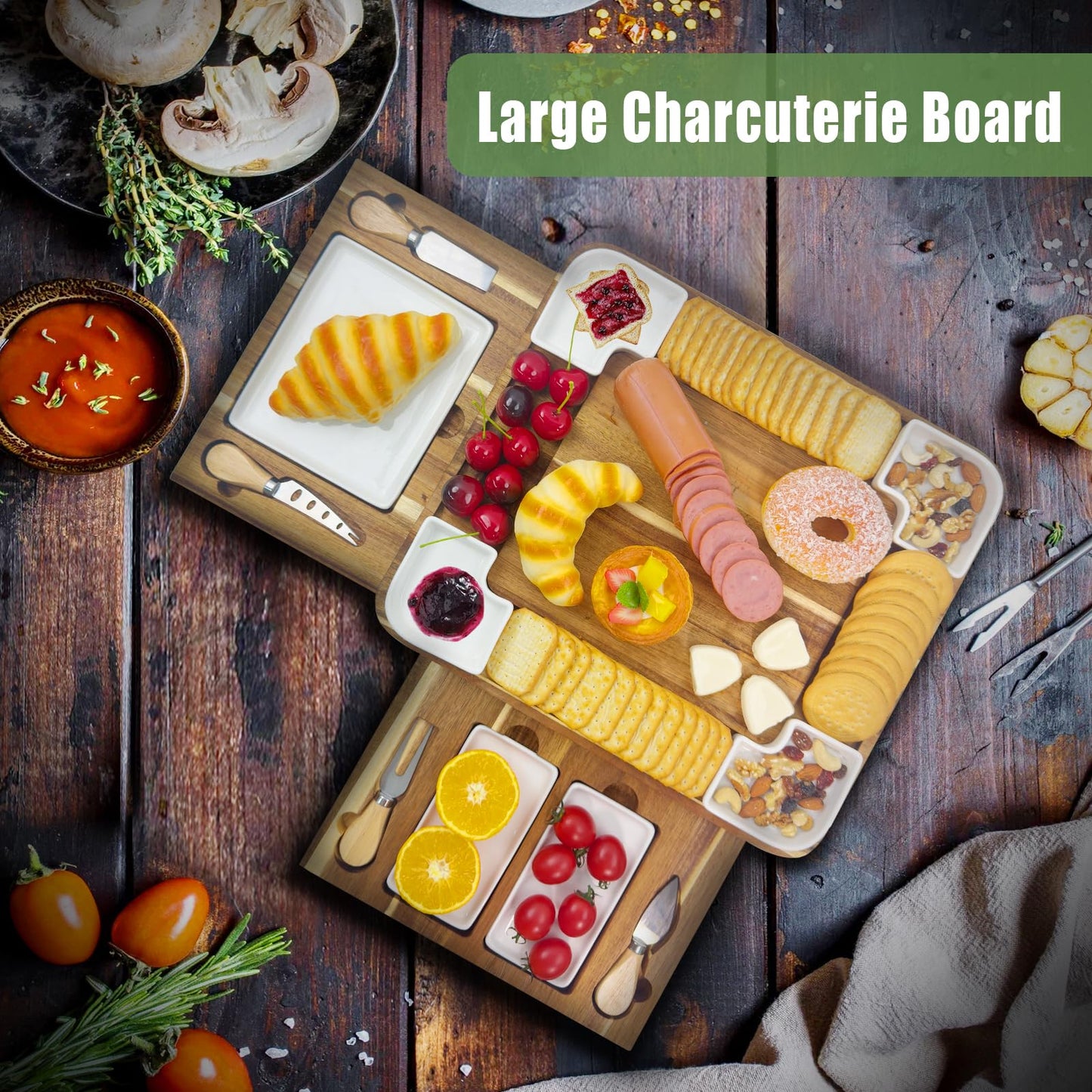 Graceware Charcuterie Board Set(16.5"×15"×2.8") - Premium Wooden Cheese Board with Four Ceramic Bowls and Charcuterie Boards Accessories for Bridal Shower Gifts, Wedding Gifts & Housewarming