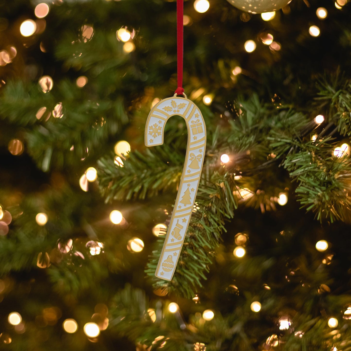 Wallace 2025 Gold-Plated Enamel Candy Cane Ornament - 45th Anniversary Edition - 24k Gold with Blue Enamel and Snowflake Design - 4.5 Inches - Holiday Collectible