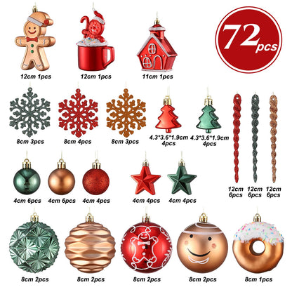 Gingerbread Man Christmas Tree Ball Ornaments Set - 72 ct Red Green Copper Gold Plastic Shatterproof Hanging Ornaments for Xmas Tree Indoor Outdoor Holiday Party Decorations