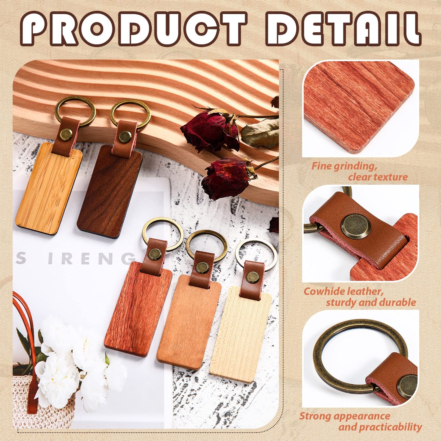 Sasylvia 50 Pcs Leather Keychain Blanks Wooden Keychain Blanks Unfinished Wood Tags with Leather Strap Keyring(White Maple, Walnut, Rosewood, Cherrywood, Bamboo)