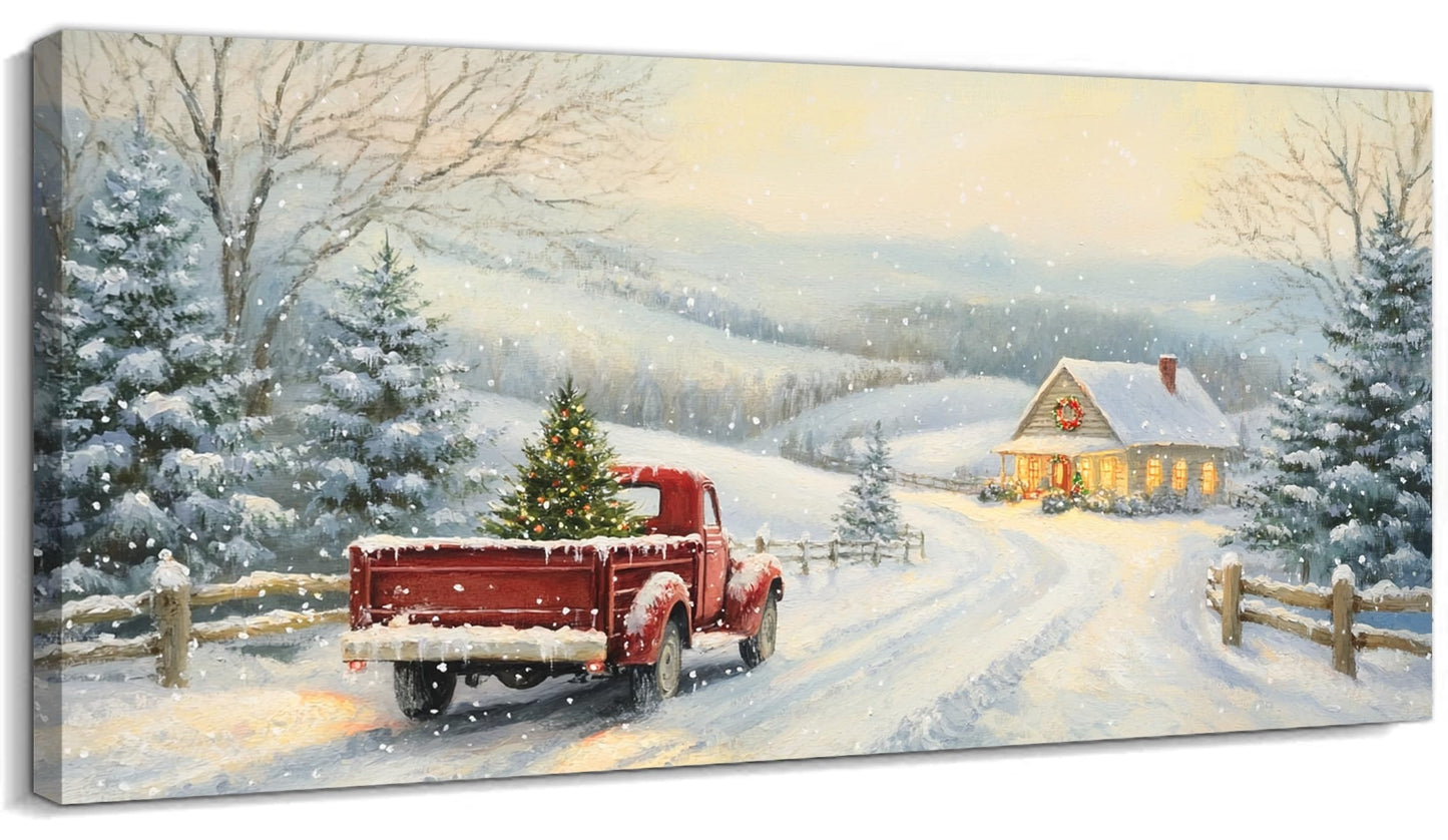 GUTTATY Christmas Canvas Wall Art, Santa Red Truck Winter Snow Scene Canvas Painting, Christmas Wall Decor Artwork, Christmas Hanging Prints Poster for Living Room, Family Home, Indoor, 32x16 Inch