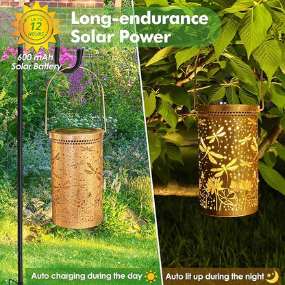 Fabuday Dragonfly Lotus Outdoor Solar Lantern Waterproof 2 Pack - Hanging Solar Power Lights Led for Outside, Garden Decor for Patio, Porch, Balcony, Yard and Deck, Gardening Decoration Gift for Women