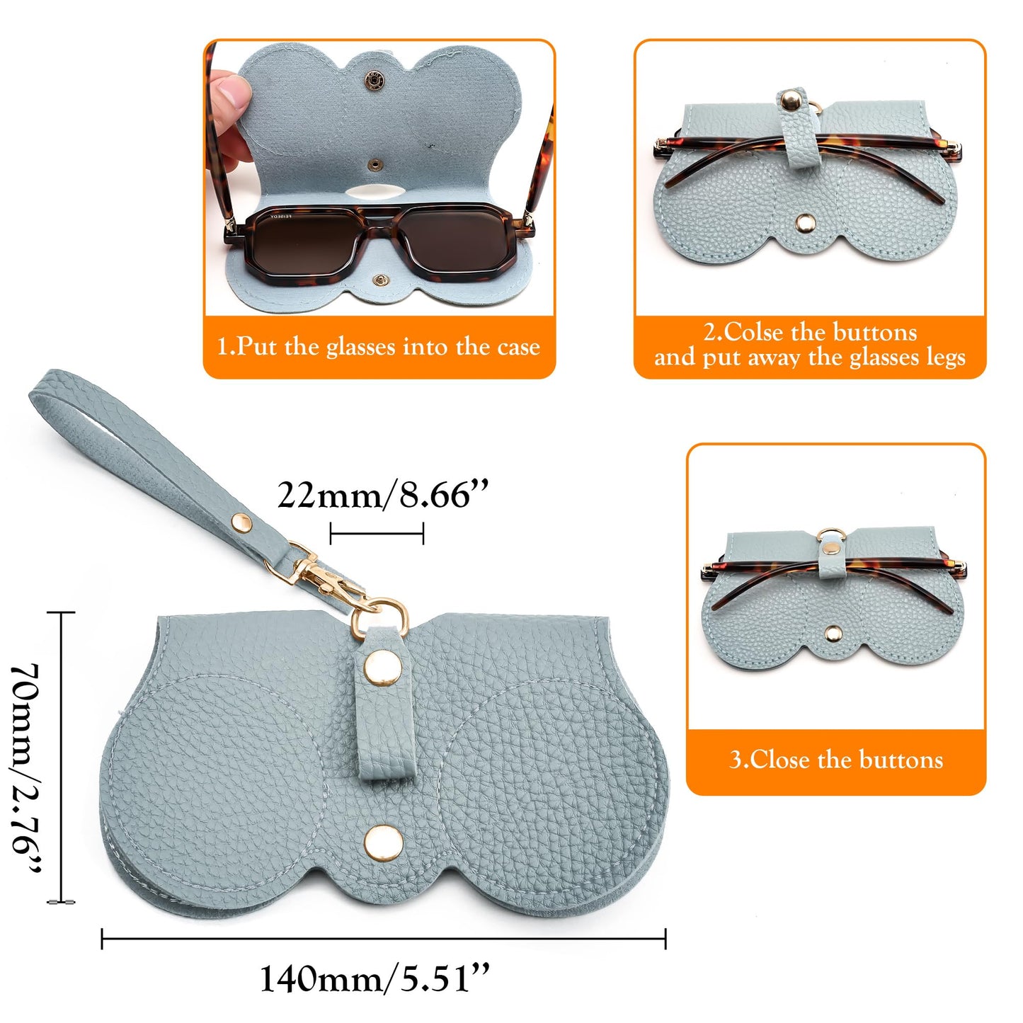 FEISEDY 2Pack Soft Leather Sunglass Bag, Holder Eyeglasses Case, Portable Glasses Pouch With Button Clip Wrist Strap B0049