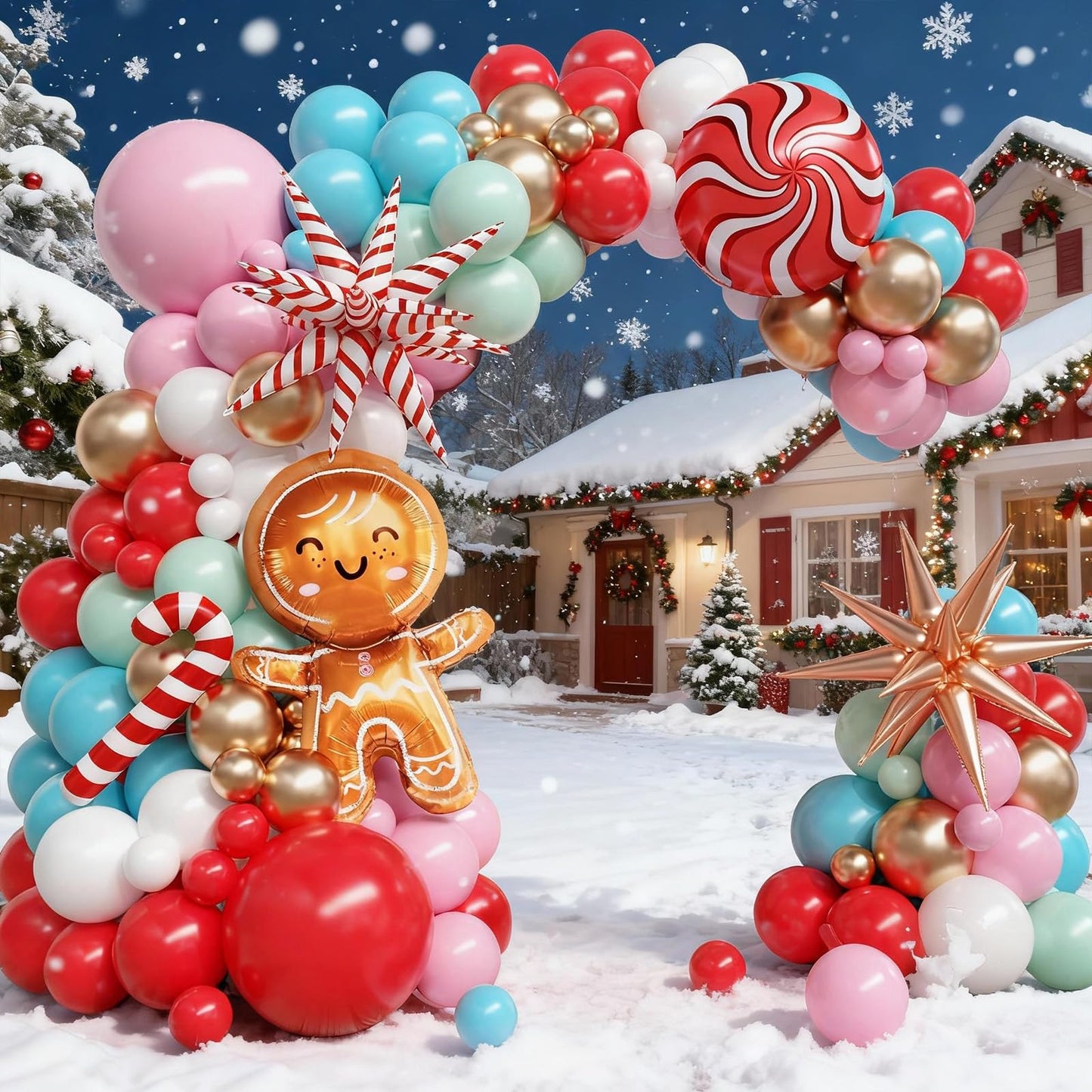 Christmas Balloon Arch Kit, Gingerbread Man Balloon Garland Kit, Red Pastel Green Pink Teal Blue Balloons Christmas Foil Balloons Candy Cane Star for Xmas Birthday New Year Party Decorations