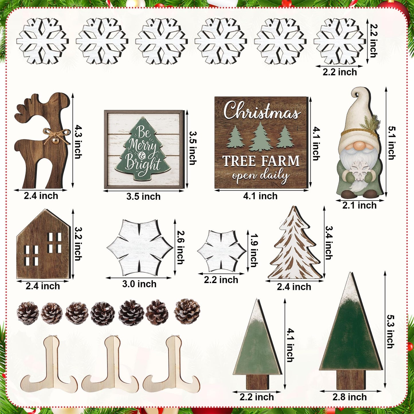 Yalikop 20 Pcs Neutral Sage Green Christmas Tiered Tray Decor Set Farmhouse Rustic Snowflake Xmas Tree Wood Table Centerpiece Decoration Tabletop Sign for Winter Home Kitchen Festival