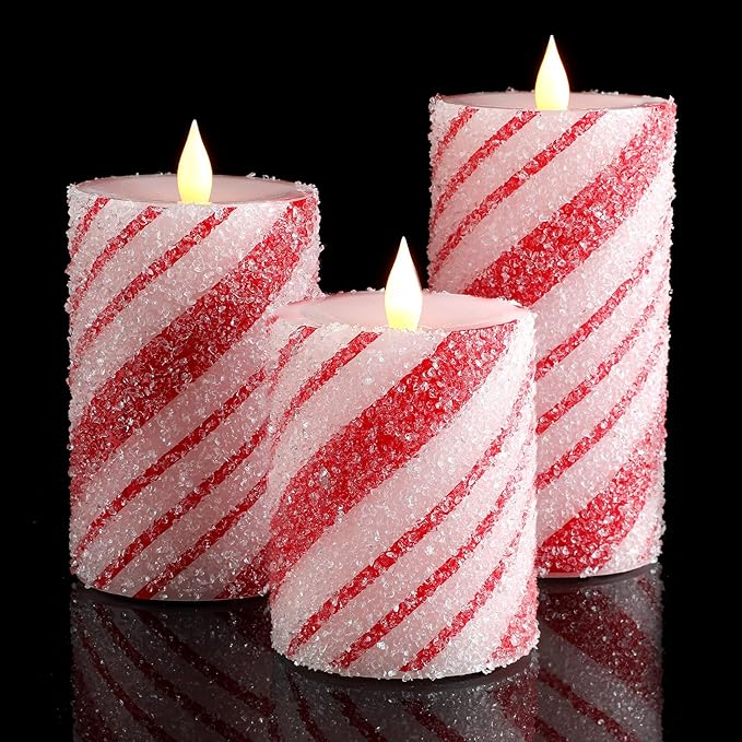 Baquler 3 Pcs Christmas Flameless Pillar Candles LED Candy Cane Peppermint Stripe Red and White Glitter Battery Operated Candles for Xmas Holiday Centerpiece Home Party Decor