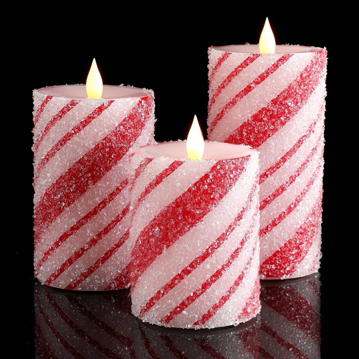Baquler 3 Pcs Christmas Flameless Candles Pastel Candy Cane LED Pillar Candle Peppermint Glitter Red and White Battery Operated Candlestick for Xmas Party Holiday Table Home Decoration(Thin Stripe)