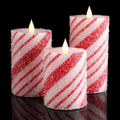 Baquler 3 Pcs Christmas Flameless Candles Pastel Candy Cane LED Pillar Candle Peppermint Glitter Red and White Battery Operated Candlestick for Xmas Party Holiday Table Home Decoration(Thin Stripe)