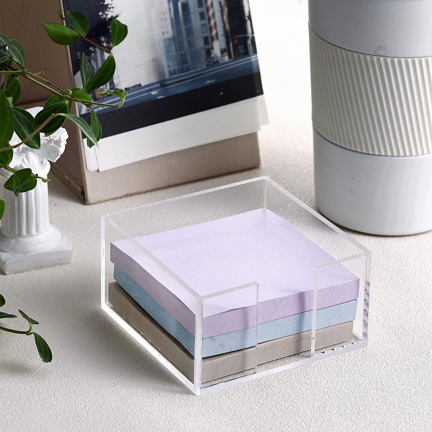 Threehoney 4 Pcs Acrylic Sticky Note Holder 3 x 3 Clear Crystal Acrylic Note Dispenser Notepad Memo Holder Office Desk Organizer Accessories Sticky for Dorm Room Office Desk