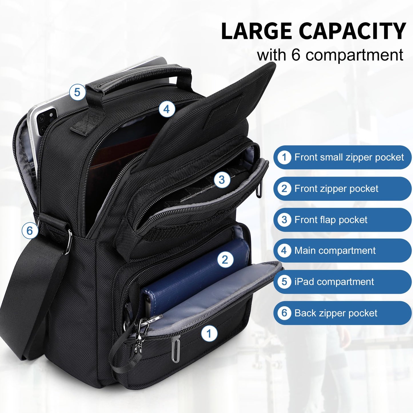 WITZMAN Crossbody Bag for Men Casual Shoulder Bag Lightweight Nylon Messenger Bag Small Man Purse for Work Travel(B710 Black)