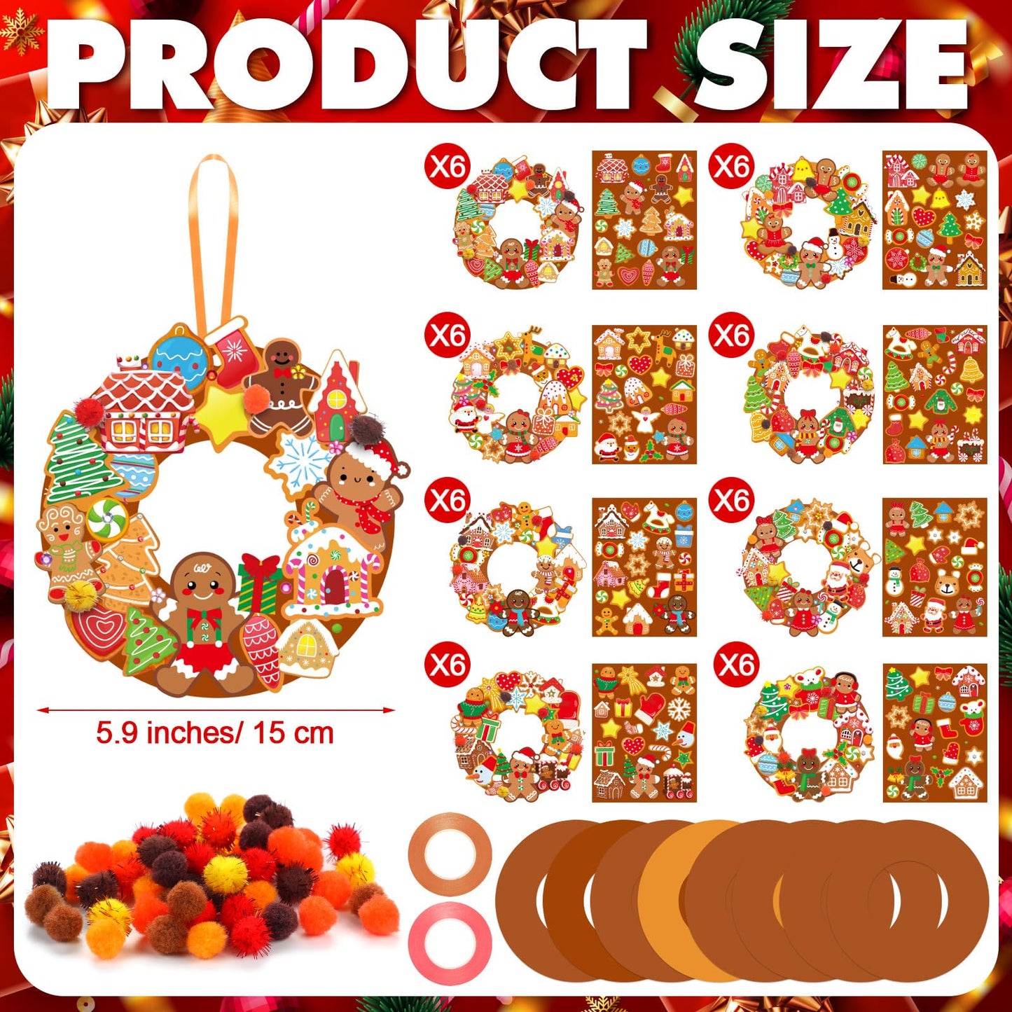 Hollowfly 48 Sets Christmas Wreath Craft Kits DIY Gingerbread Man Wreath Hanging Ornaments with Stickers for Christmas Xmas Party Supplies Favors Home Activities