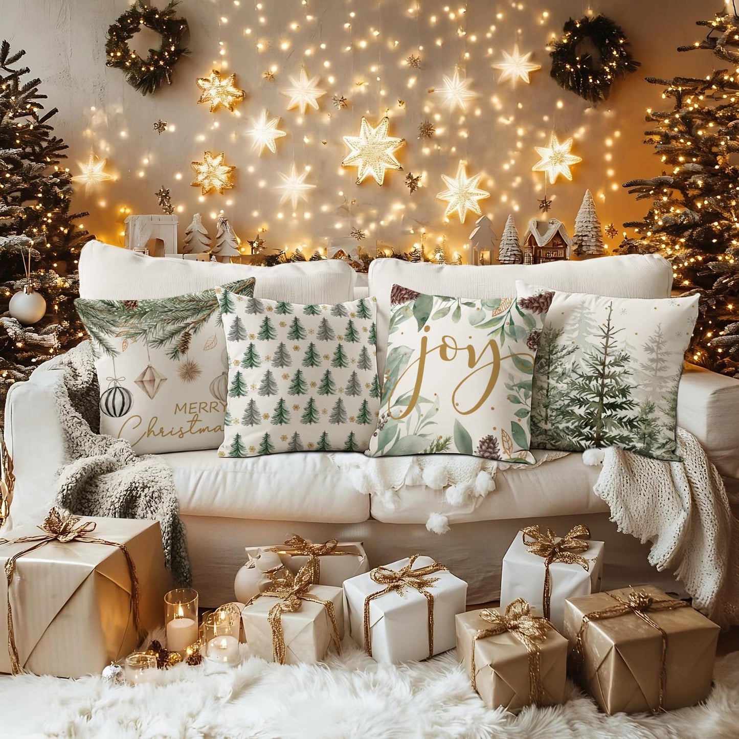 Artmag Merry Christmas Tree Pillow Covers Decorations, 22x22 Inch Set of 4 Xmas Balls Joy Cushion Case for Holiday Winter Coach Sofa Living Room Decor