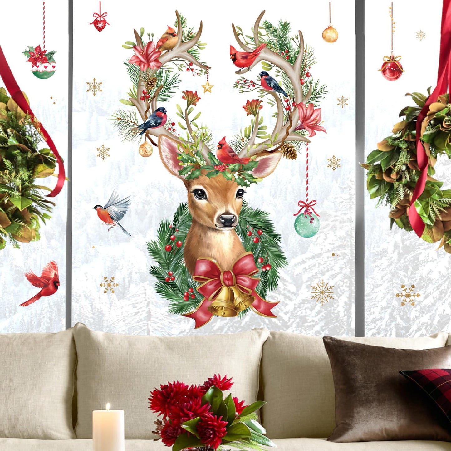 Wondever Reindeer Wall Stickers - Large Elk, Cardinal Bird, Window Art Decals for Party, Home Xmas