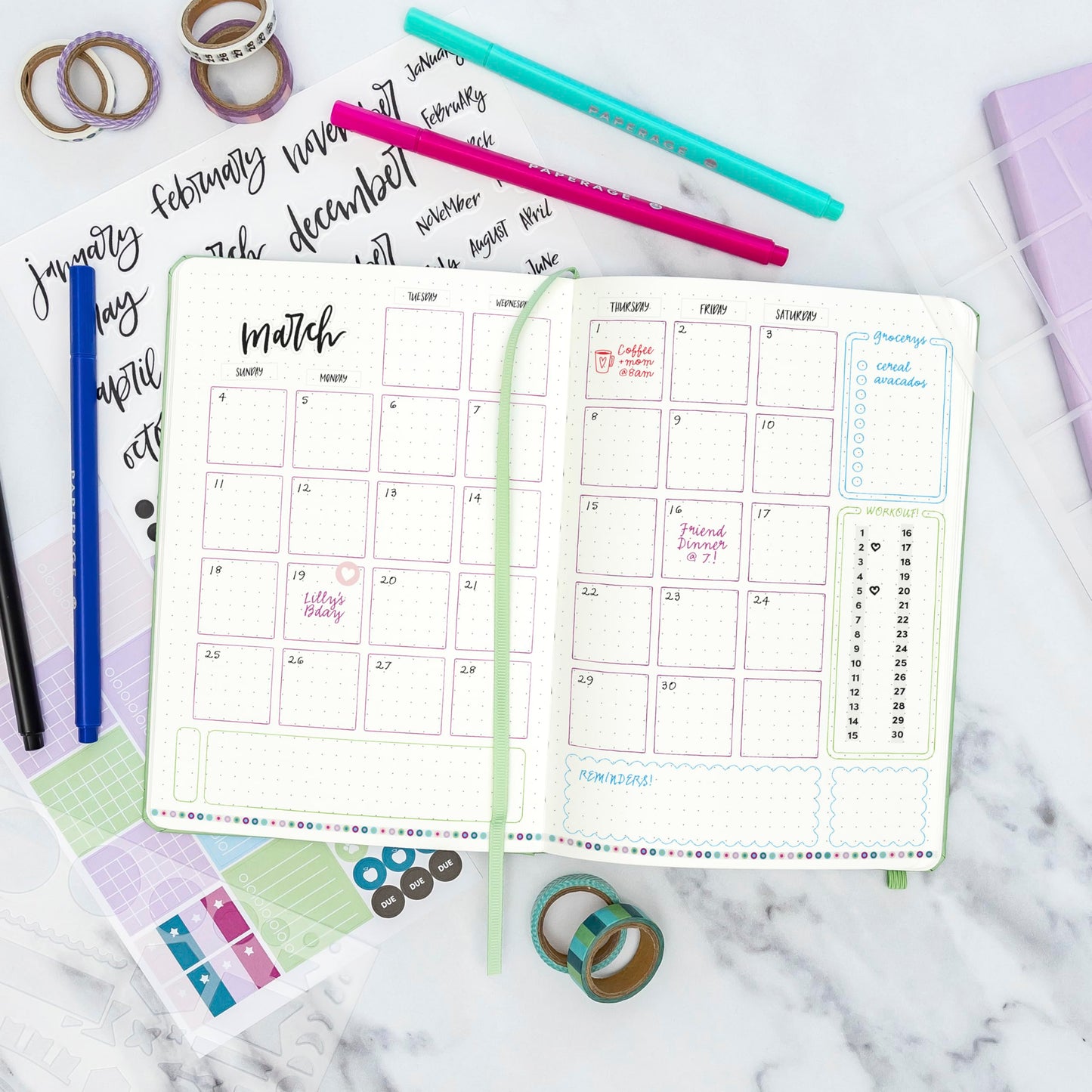 PAPERAGE Bullet Style Journal Kit, Dotted Journaling Set & Stationary Kit, Hardcover Dotted Journal Notebook (Blush), 12 Fineliner Pens, 8 Sticker & 4 Stencil Sheets, 6 Washi Tapes