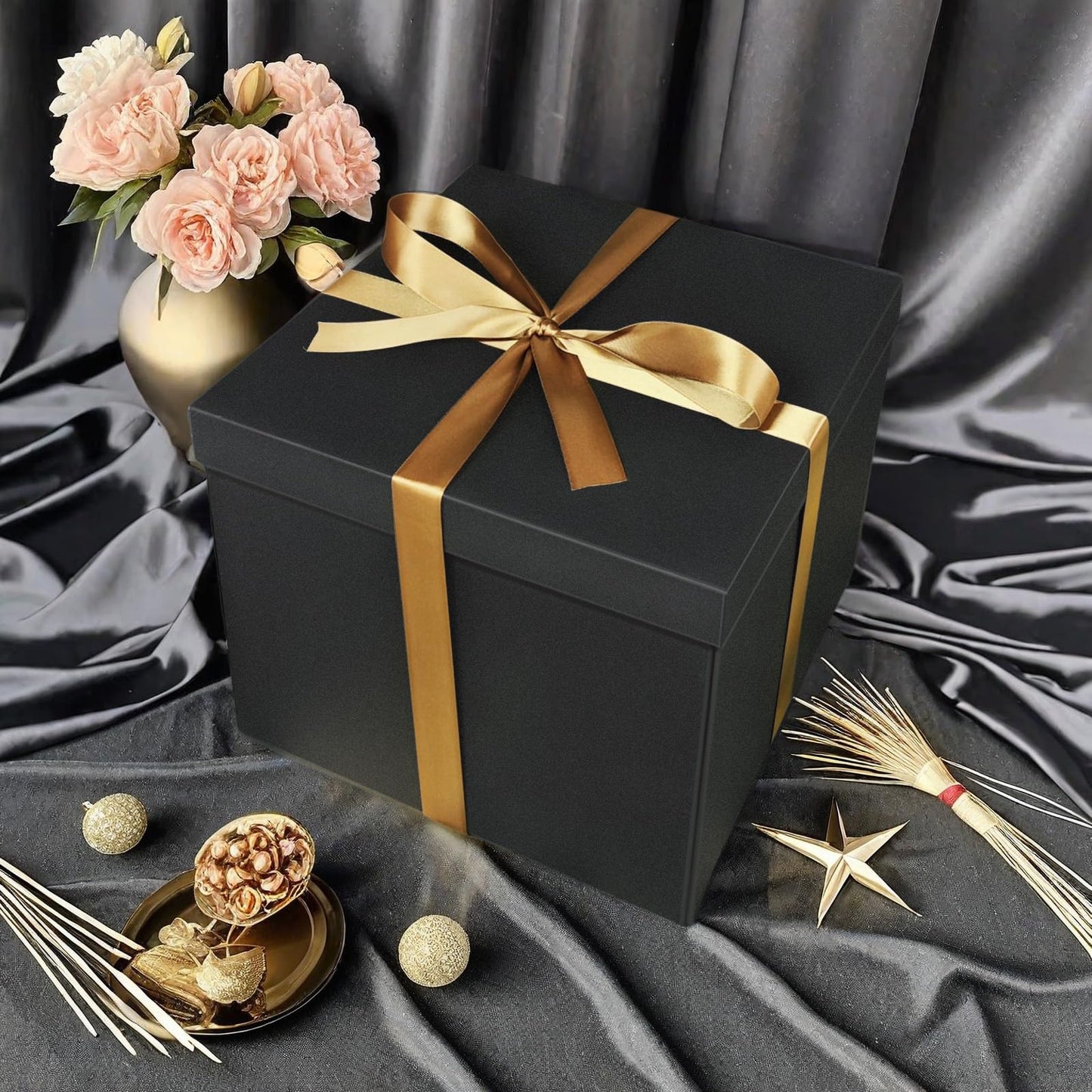 YINUOYOUJIA Large Gift Box 12x12x10 Inches,Black Boxes for presents with Ribbon,Card,Shredded Paper for Birthday,Valentine's Day,Mother's Day,Christmas,Anniversaries.
