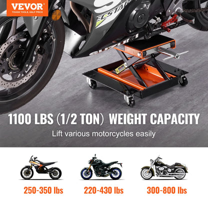 VEVOR Motorcycle Lift, 1100 LBS Motorcycle Lift ATV Scissor Lift Jack with Dolly & Hand Crank, Center Hoist Crank Stand with Wide Deck & Tool Tray for Street Bikes, Cruiser Bikes, Touring Motorcycles