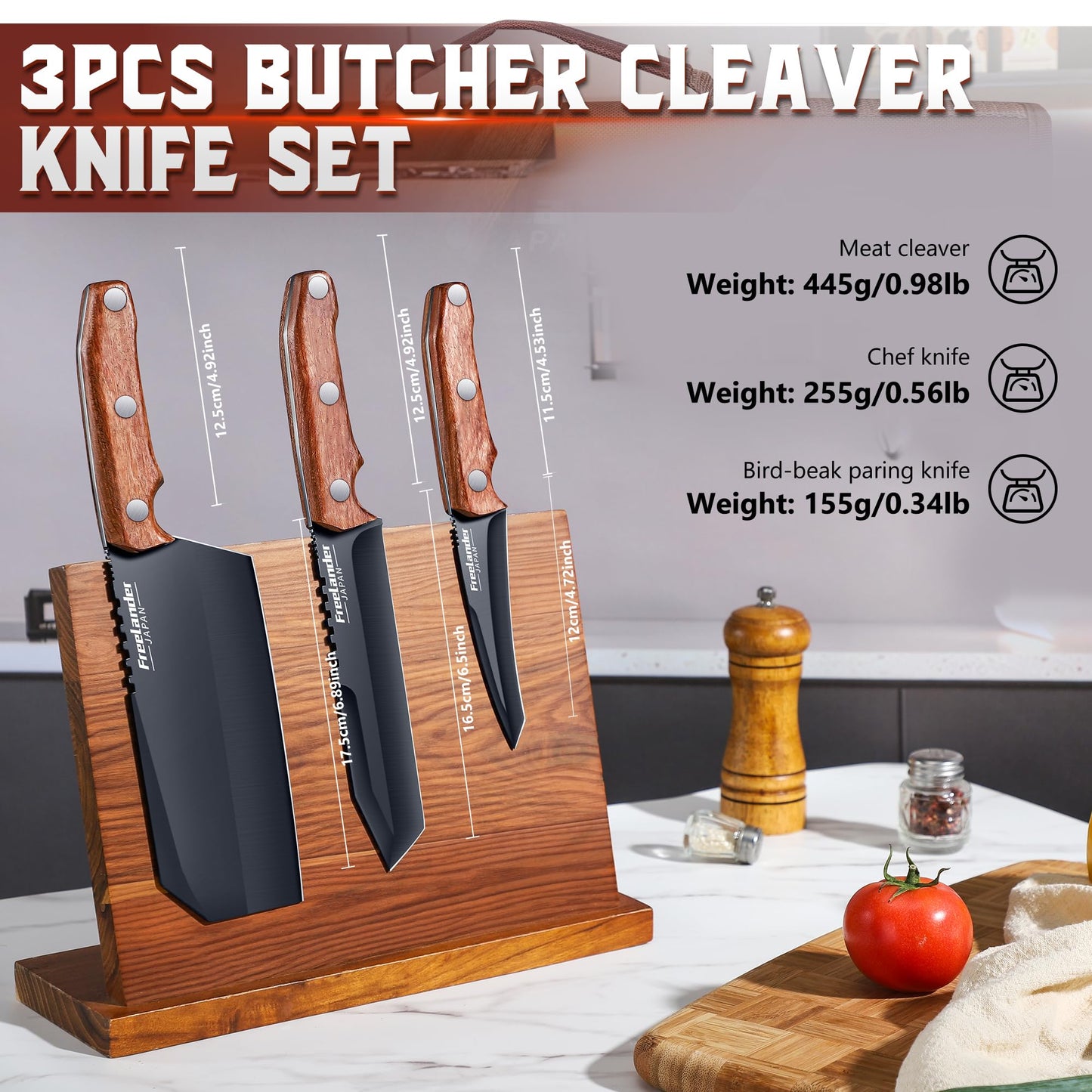 Freelander Butcher Knife Set 3 PCS, Japanese Chef Knife Set with Roll Bag, Full Tang Meat Cleaver for Kitchen & Camping & BBQ, Gift for Men